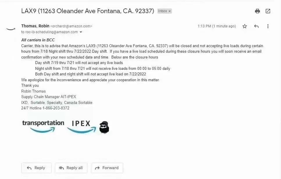 美國亞(ya) 馬遜LAX9倉(cang) 庫於(yu) 7月18至23號關(guan) 閉一周(圖2)